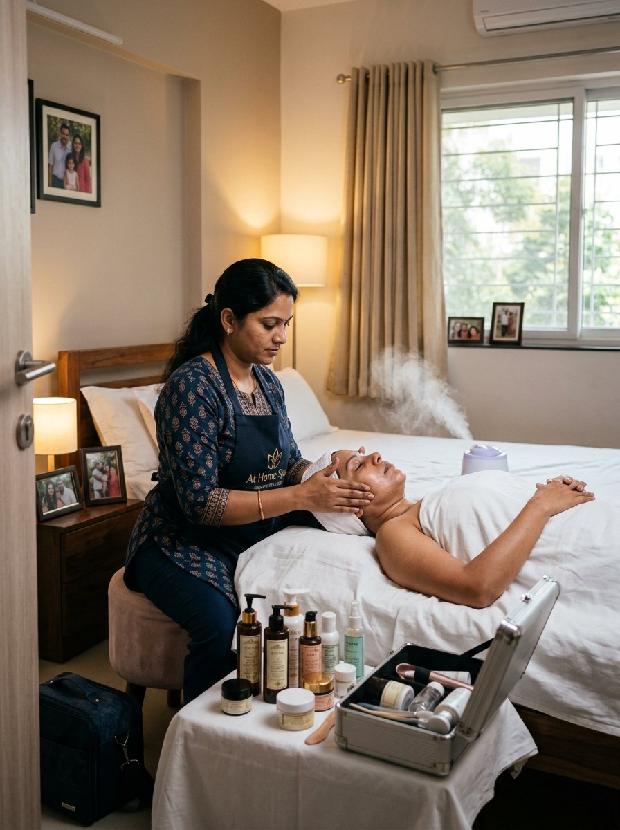 Indian beautician giving facial treatment at client home
