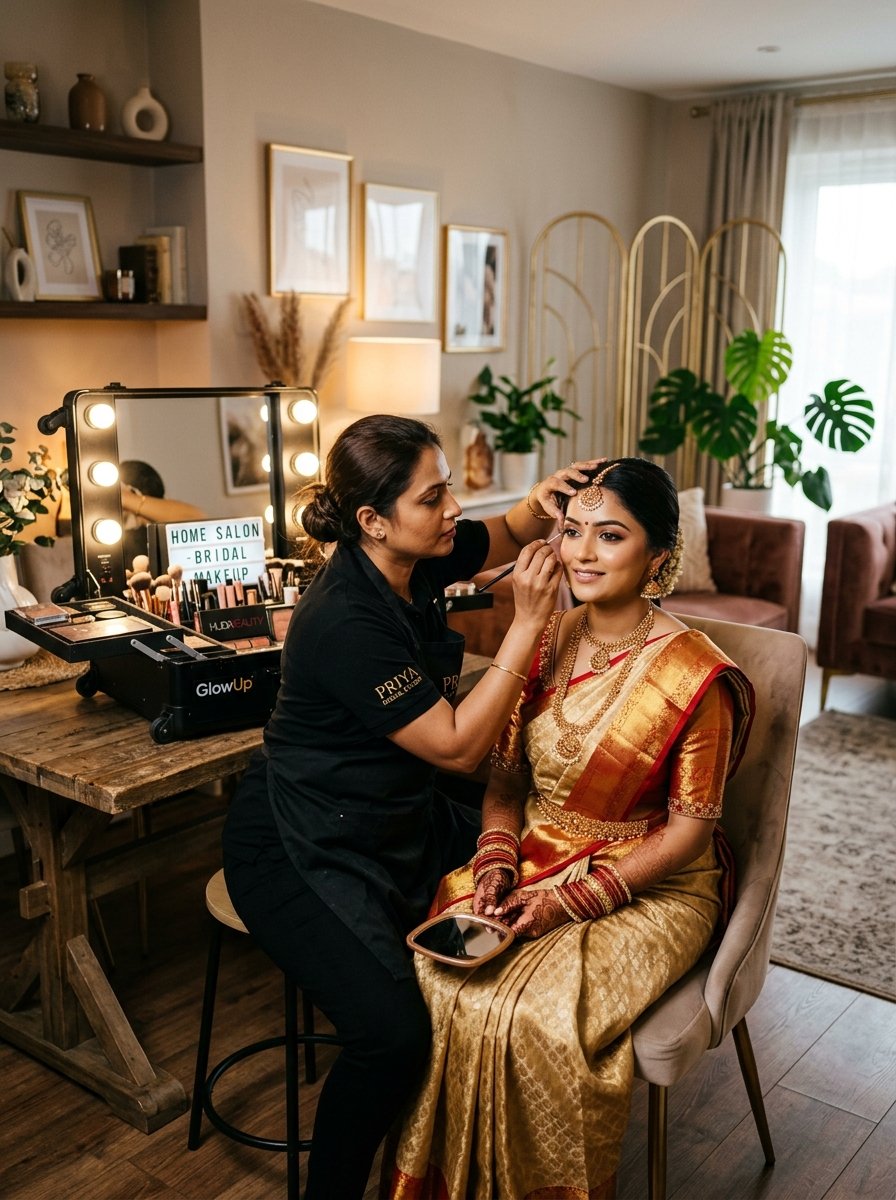 Indian female beautician providing makeup service at client home